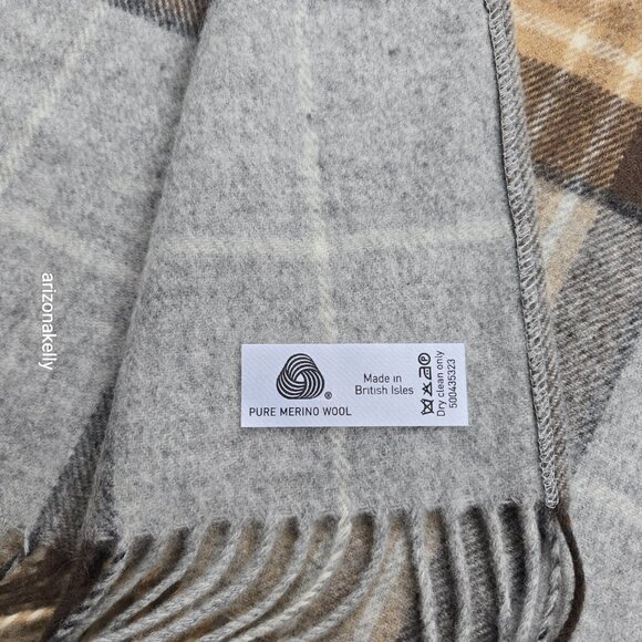 NWOT Bronte By Moon Merino Wool Wrap Plaid Tan Brown & Grey - Picture 7 of 16